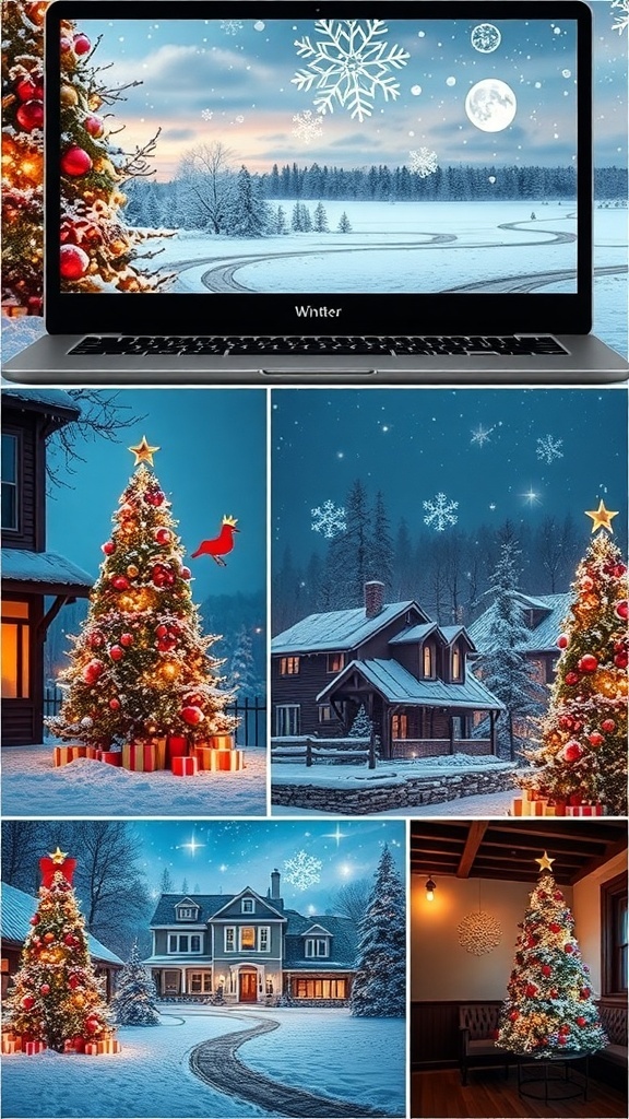 Aesthetic Christmas laptop wallpapers showcasing winter scenes, Christmas trees, and festive decorations.